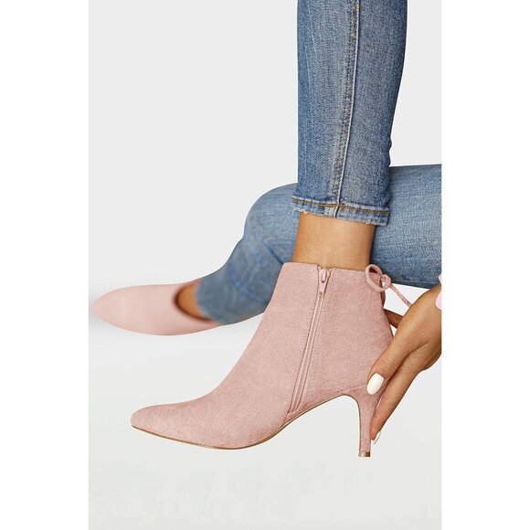 Women's Pointed Toe Heel Ankle Booties Kitten Stiletto Bowtie Strappy Boot Pink - Picture 2 of 6